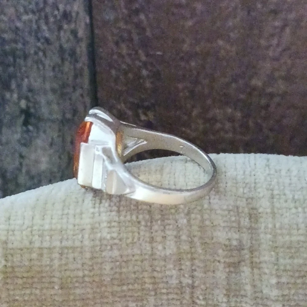 Synthetic Orange Stone Four Prong Set Silver Ring
